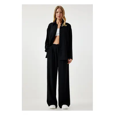 Happiness İstanbul Women's Black Seasonal Woven Shirt Palazzo Pants Suit