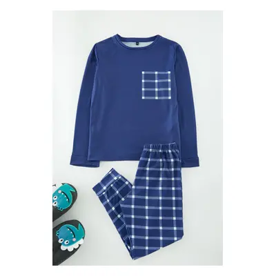 Trendyol Navy Blue Boy Plaid / Checkered Pajama Set Knitted Top-Bottom Set