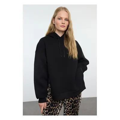 Trendyol Black Zipper Detailed Oversize Pattern Hooded Thick Polar Fleece Knitted Sweatshirt