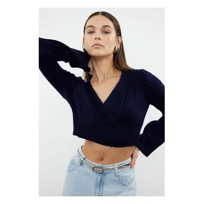 Trendyol Navy Blue Crop Soft Textured Double Breasted Knitwear Sweater