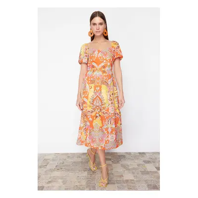 Trendyol Orange Patterned A-Line Square Collar Slit Midi Lined Chiffon Woven Dress