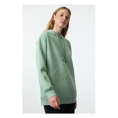 Trendyol Mint Thick Polar Fleece Oversize/Wide Pattern Pocket Detailed Hooded Knitted Sweatshirt