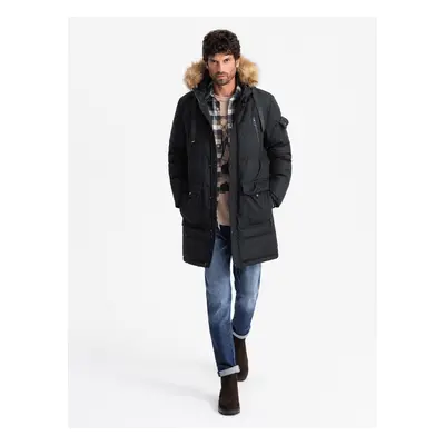 Ombre Men's long warm parka jacket with hood - black