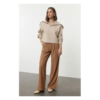 Trendyol Brown Linen Look Wide Leg Woven Trousers with Side Stripe Detail