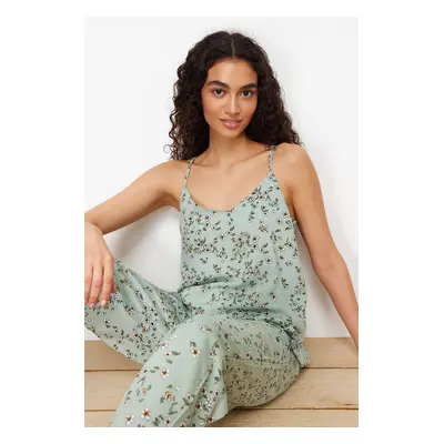 Trendyol Green Floral Ruffled Rope Strap Viscose Woven Pajama Set