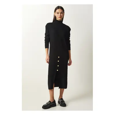 Happiness İstanbul Women's Black Button Detailed Ribbed Knitwear Dress