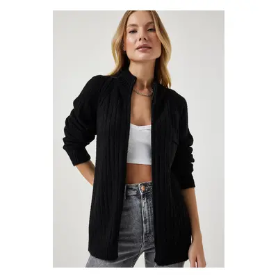 Happiness İstanbul Women's Black Zippered Knitwear Cardigan