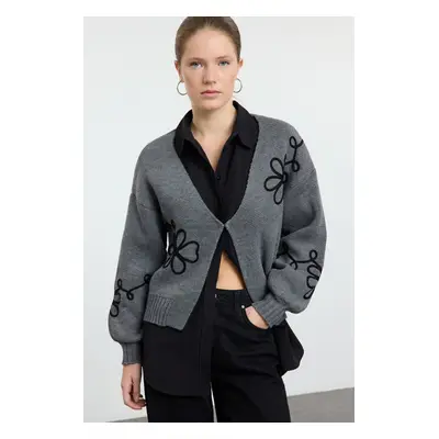 Trendyol Anthracite Embroidery Detailed V Neck Knitwear Cardigan