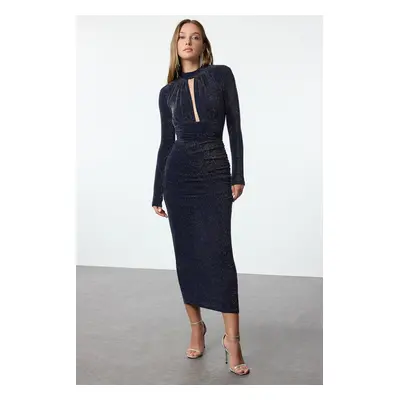 Trendyol Navy Blue Low-Cut Detailed Woven Elegant Evening Dress