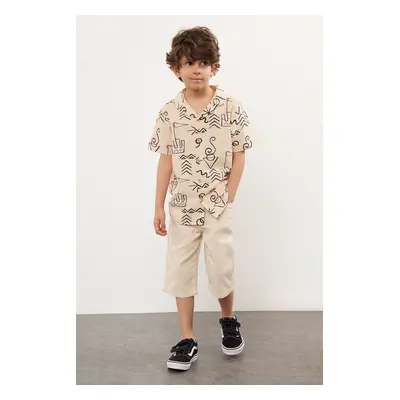 Trendyol Beige Boy Patterned Cotton Woven Shirt-Shorts Bottom-Top Set