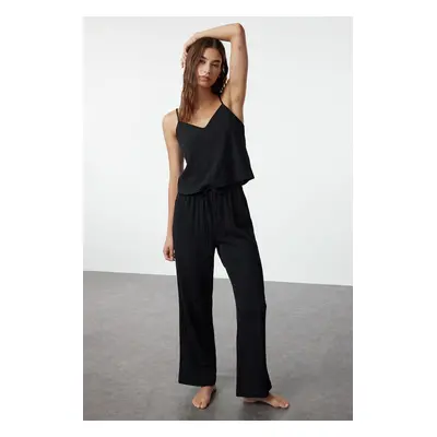 Trendyol Black Tie Detail Woven Pajama Set with Rope Straps