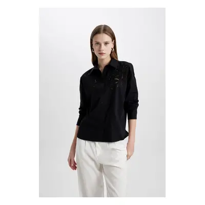 DEFACTO Oversize Wide Pattern Hole Poplin Long Sleeve Black Shirt