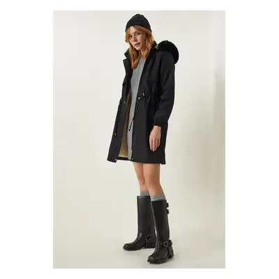 Happiness İstanbul Women's Black Hooded Fur Coat