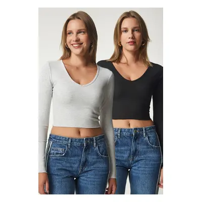 Happiness İstanbul Women's Gray Black V Neck Pack Crop Knitted Blouse