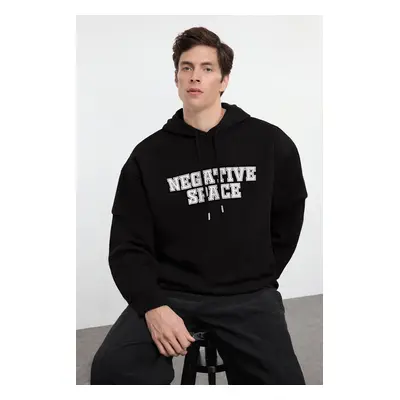 Trendyol Black Oversize/Wide Cut Double Sleeve Text Printed Hooded Sweatshirt