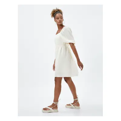 Koton Linen Midi Dress Short Balloon Sleeves Back Window Detailed Lined