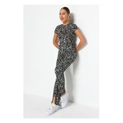 Trendyol Black Zebra Print Slit Detailed High Waist Straigth Knitted Pants