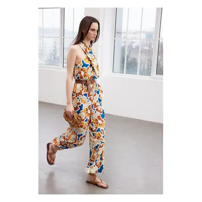 Trendyol Limited Edition Multicolored Patterned Maxi Woven Jumpsuit with Knot Detail on Collar