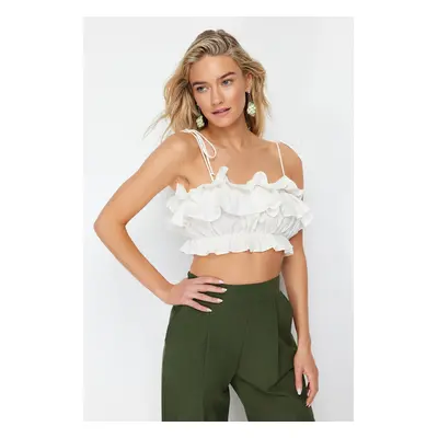 Trendyol Ecru Crop Woven Ruffle 100% Cotton Blouse