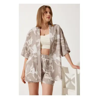 Happiness İstanbul Women's Stone Tropical Patterned Summer Raw Linen Kimono Shorts