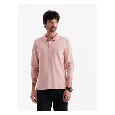 Ombre Men's melange polo longsleeve with embroidery - pink melange