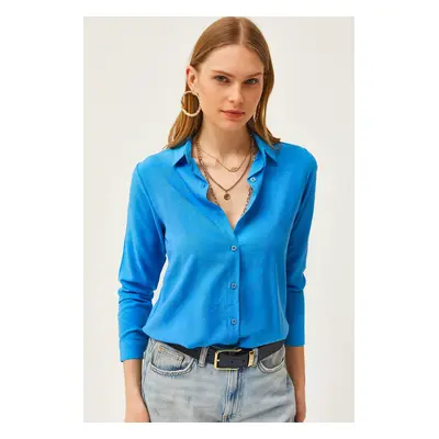 Olalook Women's Floral Blue Jacquard Satin Detail Woven Shirt