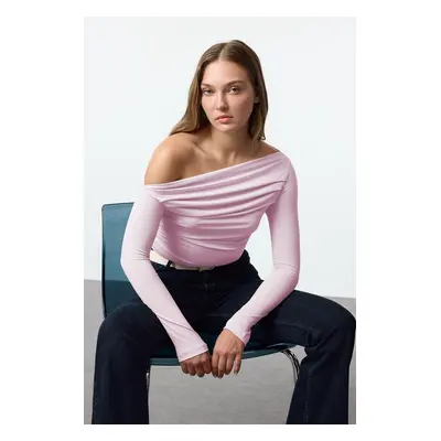 Trendyol Pink Gathered/Draped Detailed Fitted/Body-Smoothing Long Sleeve Flexible Knitted Blouse