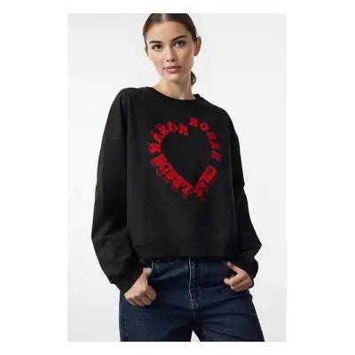 Trendyol Black Heart Printed Regular/Normal Pattern Knitted Sweatshirt