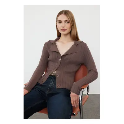 Trendyol Brown Premium Yarn/Special Yarn Polo Neck Knitted Cardigan