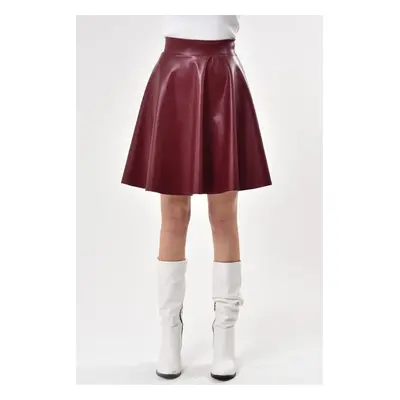 88854 Dewberry Flared Faux Leather Skirt-BURGUNDY