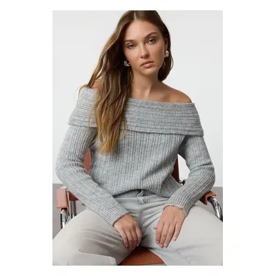 Trendyol Gray Soft Texture Carmen Collar Knitwear Sweater