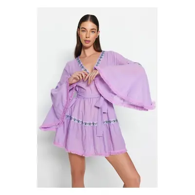 Trendyol Lilac Belted Mini tkané volánkové 100% bavlněné plážové šaty