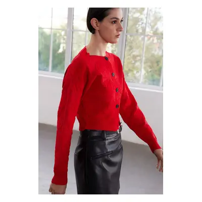 Trendyol Limited Edition Red Crop Soft Texture Rose Knitted Jacket Look Knitwear Cardigan