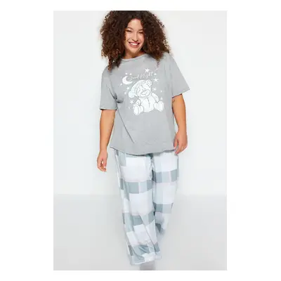 Trendyol Curve Gray Printed Checkered Knitted Pajamas Set