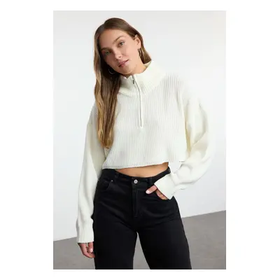 Trendyol Ecru Super Crop Zippered Knitwear Sweater