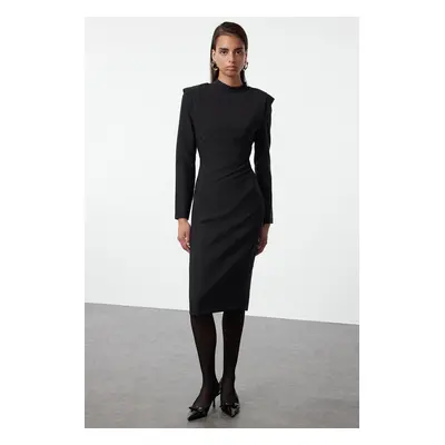 Trendyol Black Padded Shoulder Detailed Stand Collar Fitted/Fits Body Midi Woven Dress