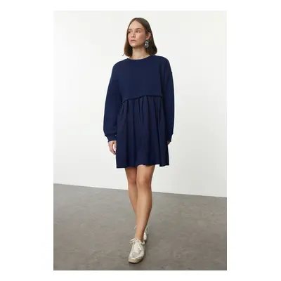 Trendyol Navy Blue Plain Woven Garni and Pleat Detailed A-Line/Bell Form Knitted Dress