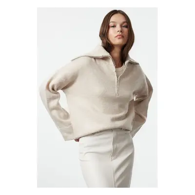 Trendyol Stone Wide Pattern Soft Texture Zippered Knitwear Sweater