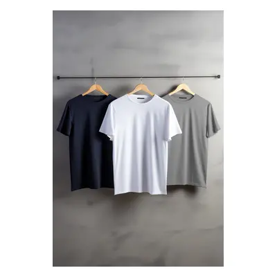 Trendyol Navy Blue-Grey Melange-White Slim/Slim Cut 100% Cotton 3-Pack Short Sleeve T-Shirt