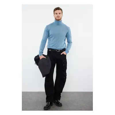 Trendyol Petroleum Slim Cotton Turtleneck Plain Knit Sweater