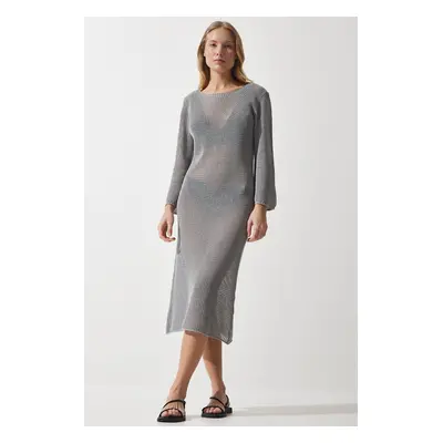 Happiness İstanbul Women's Gray Openwork Transparent Long Knitwear Dress