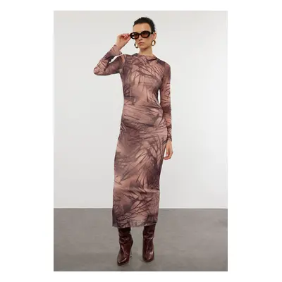 Trendyol Beige Abstract Bodycone Gathering / Drape Maxi Knitted Dress