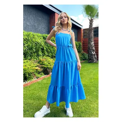 Trend Alaçatı Stili Women's Blue Layered Flounce Strap Midilength Dress with Bead Accessories