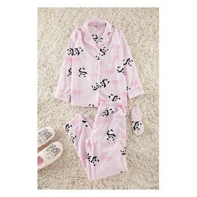 Trendyol Light Pink Panda Patterned Sleep Band Polar Winter Knitted Pajama Set