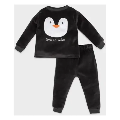 DEFACTO Baby Boy Pajama Set Penguin Patterned Velour Long Sleeve Top Elastic Waist Long Bottom