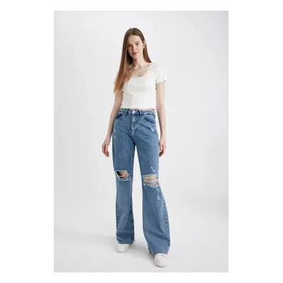 DEFACTO 90's Wide Leg Ripped Detailed High Waist Wide Leg Long Jean Pants