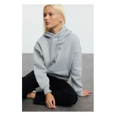 Trendyol Grey Oversize Pattern Collar Detailed Kangaroo Pocket Thick Polar Fleece Knitted Sweats