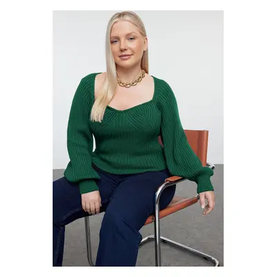 Trendyol Curve Emerald Green Heart Neck Ribbed Knit Sweater