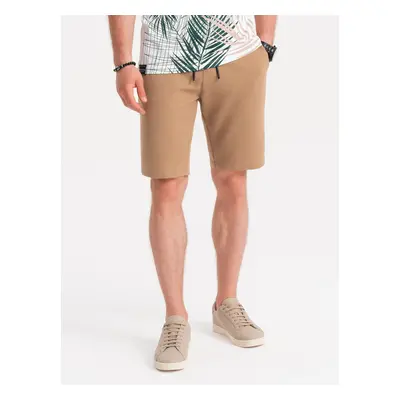 Ombre Men's knitted shorts with decorative elastic waistband - light brown