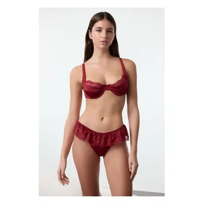 Trendyol Dark Cherry Polyamide Ruffle Lace Detailed Coverless Knitted Lingerie Set